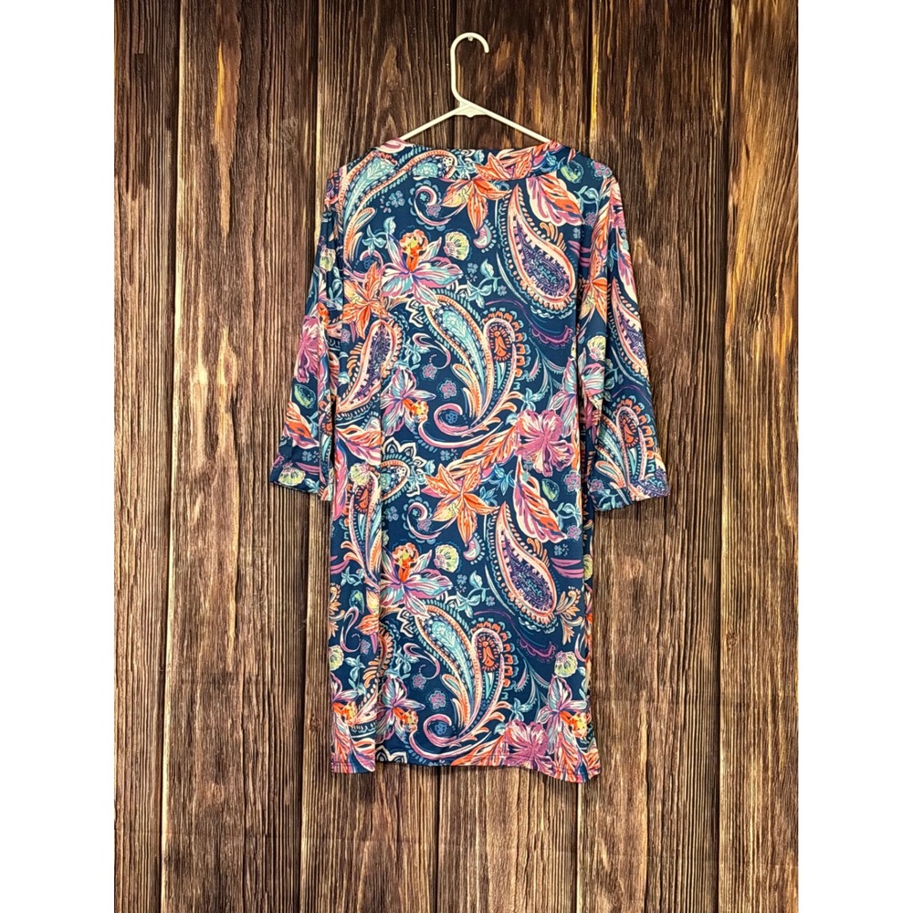 Stella Parker Dress Womens L Navy Paisley Floral Split Neck 3/4 Sleeve Shift - Picture 3 of 14